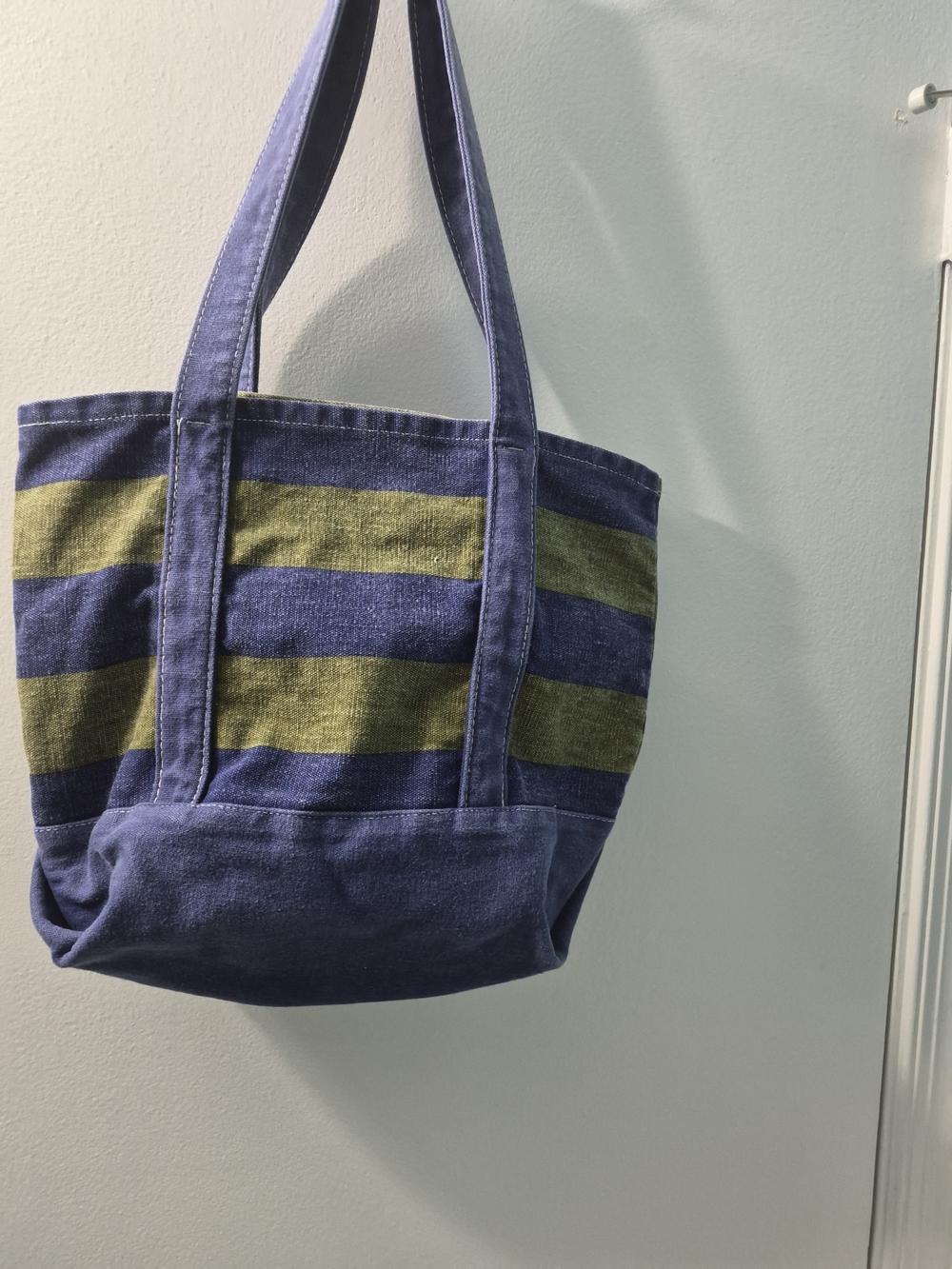 Source Unknown Blue and Olive Striped Canvas Tote